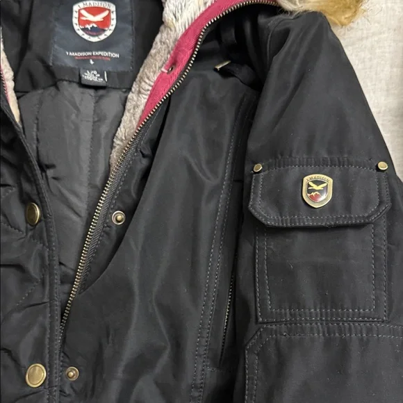 Madison Black Coat with Faux Fur Hood - Picture 8 of 14